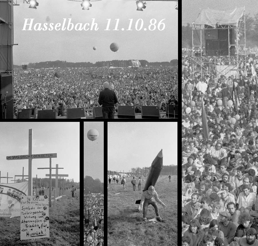 Bildcollage von der Großdemonstration am 11. Oktober 1986: Bühne, Menschenmenge, Kreuze auf dem Friedensacker, Demonstrant mit Raketenattrappe