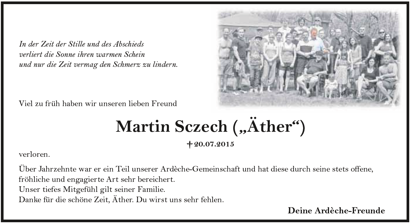 Traueranzeige der Ardèche-Freunde im Amtsblatt Kastellaun, 7. August 2015