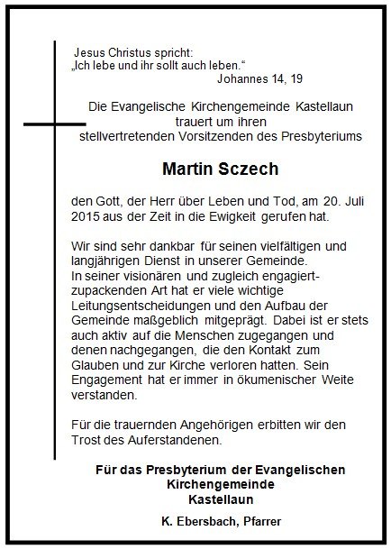 Nachruf der Evangelischen Kirchengemeinde Kastellaun