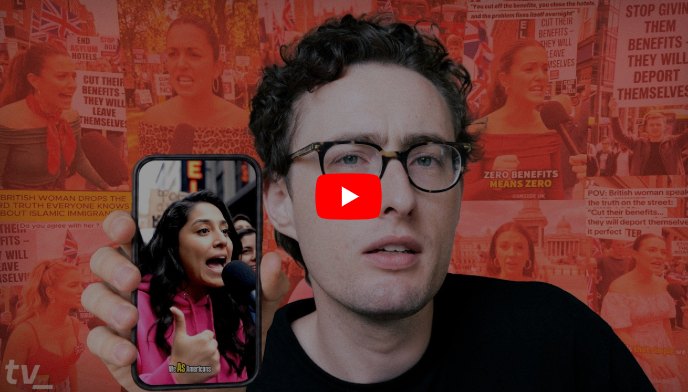 Titelbild des Videos: der Host vor einer Wand aus KI-generierten Protestbildern