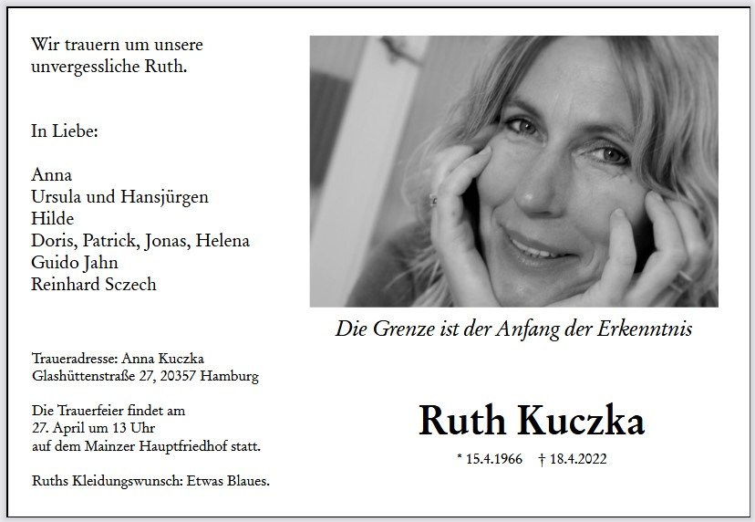 Todesanzeige für Ruth Kuczka, AZ Mainz, 23. April 2022