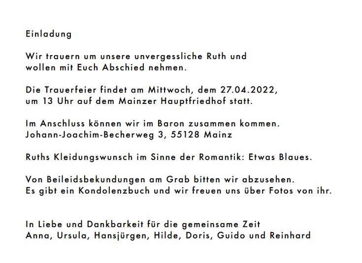 Trauerkarte für Ruth, Seite 2